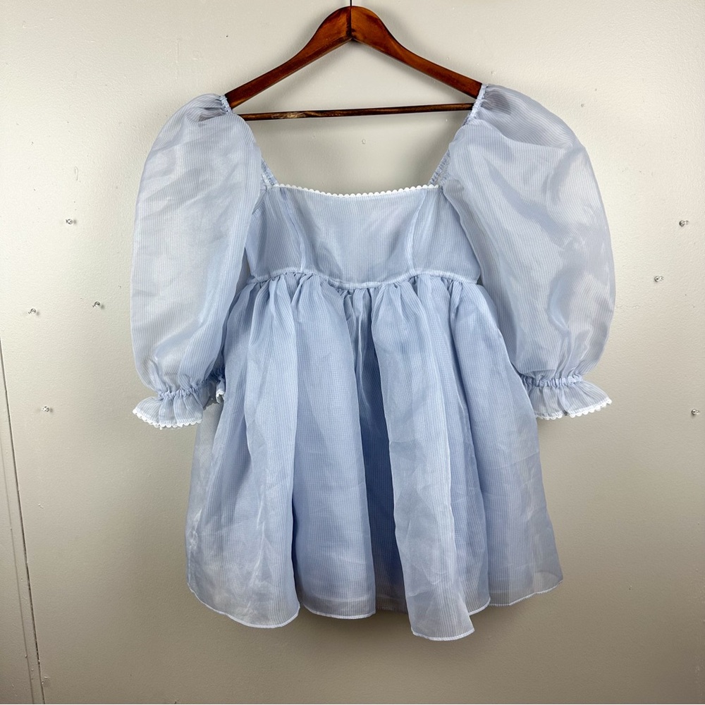 SELKIE The Puff Dress Sheer Blue Babydoll Pinstripe Dress Size Small - Picture 11 of 17